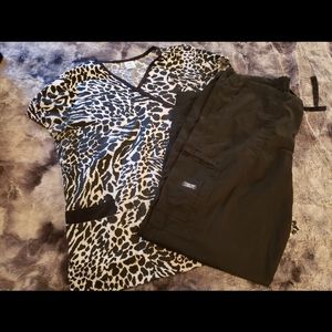 Scrub top and pants size large black zebra print